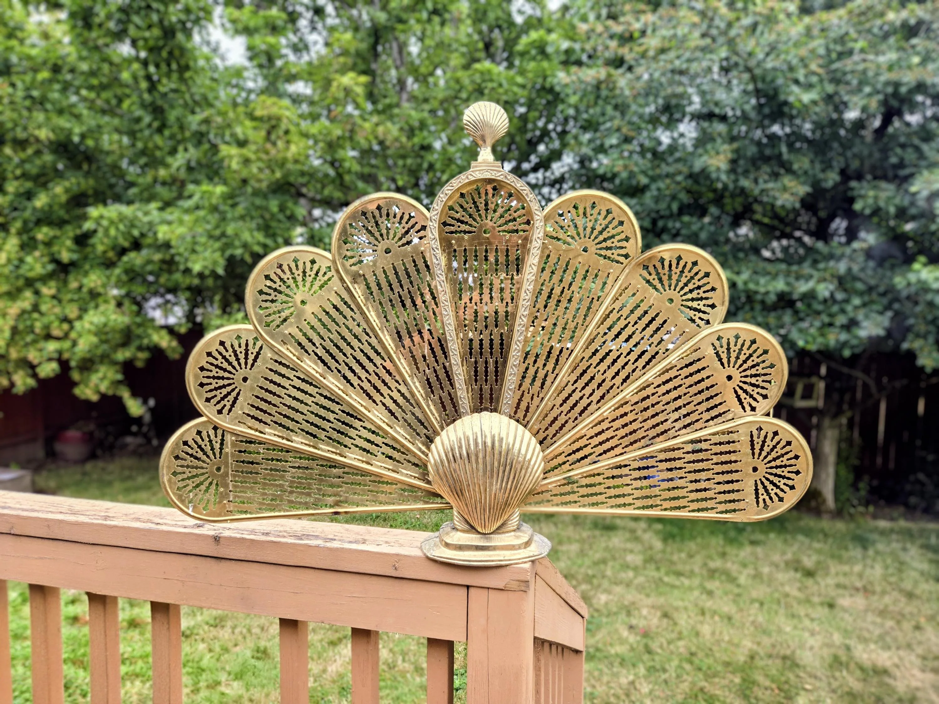 Vintage Brass Peacock Fireplace Fan Screen-Mid Century Modern-Victorian-Beach House-Hollywood Regency-Art Deco