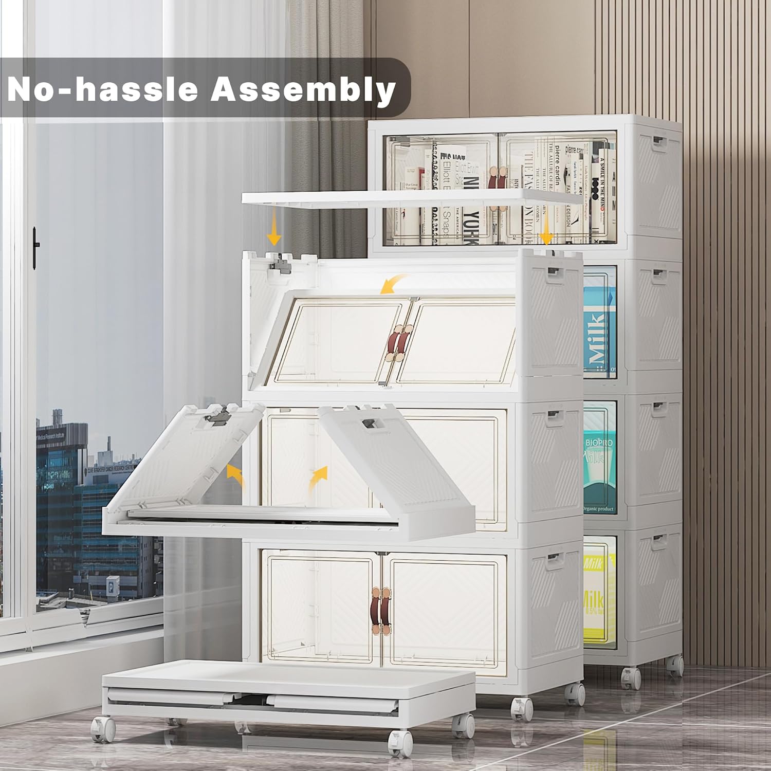 UAMFURI Stackable Storage Bins with Lids, 208QT Closet Organizers and Storage with Doors and Wheels, Extra Large Storage Cabinet, Collapsible Plastic Drawers for Bedroom Dorm Office Garage