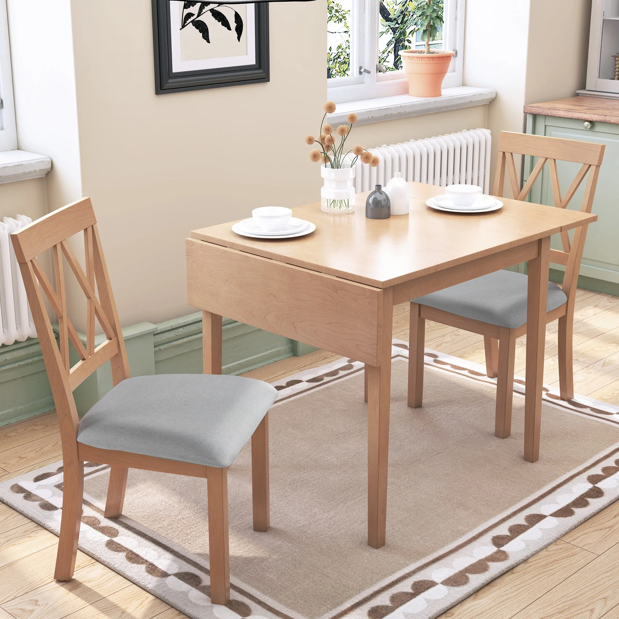 3 Piece Kitchen Dining Set with Drop Leaf Dining Table and 2 Dining Upholstered Chairs, Dining Room Set for Small Places