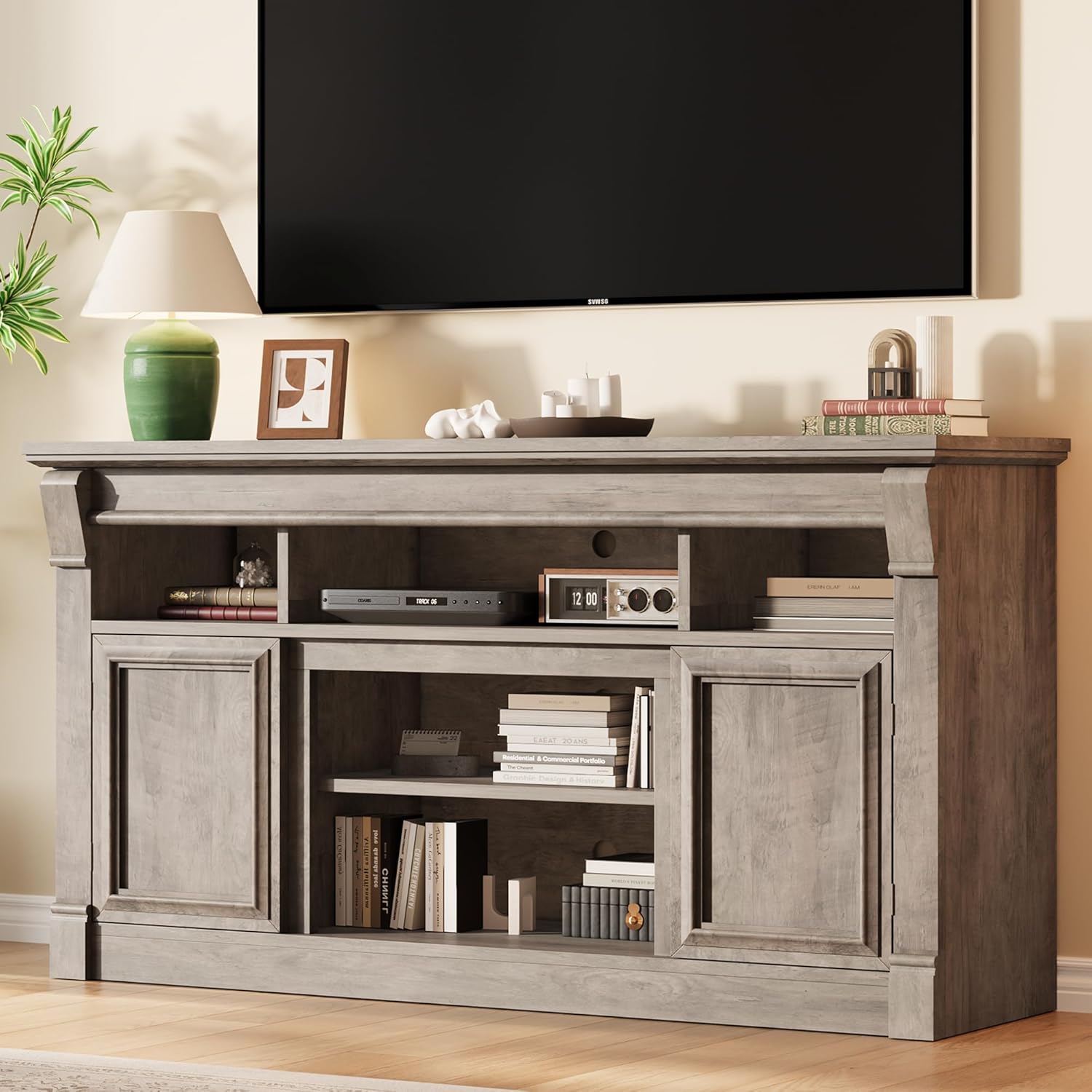 IDEALHOUSE Farmhouse TV Stand for TVs Up to 65, Entertainment Center with Open Storage & Adjustable Shelves, TV Console with Doors for Living Room and Bedroom