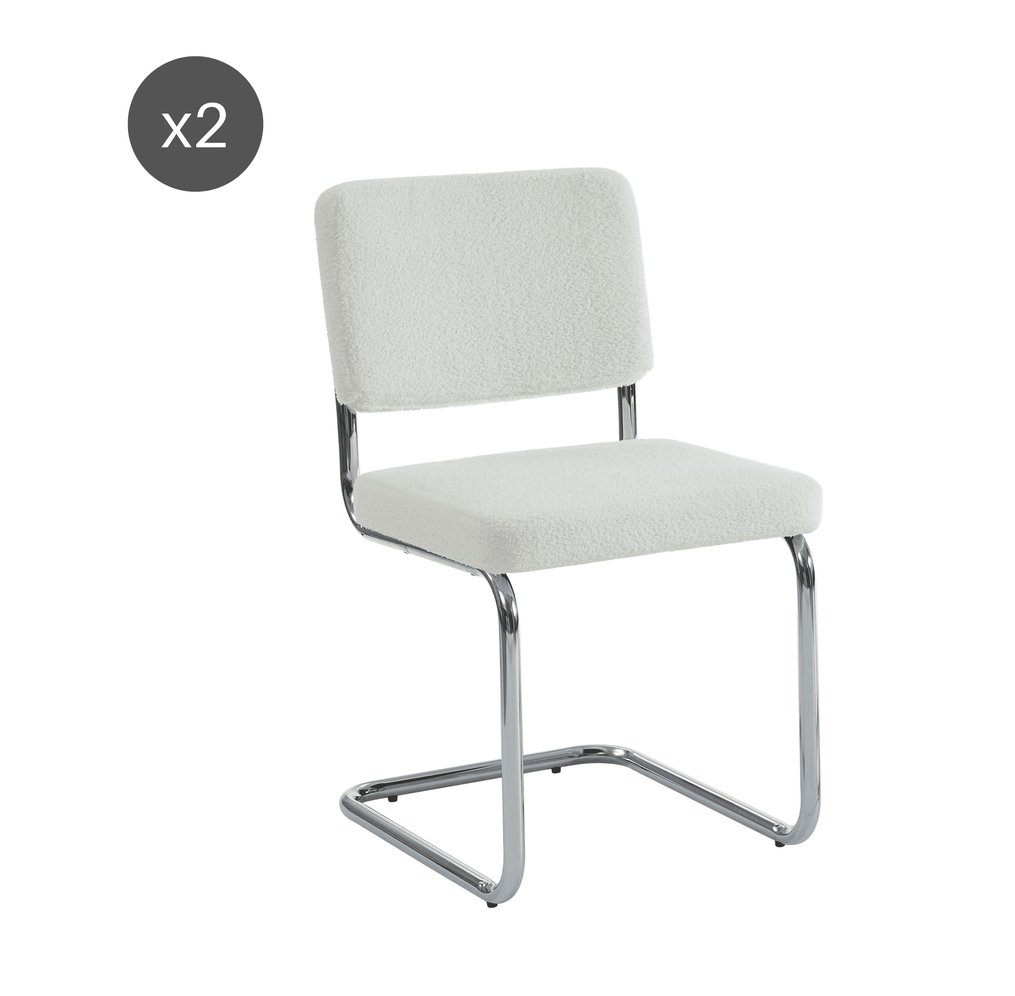 JACK - Lot de 2 chaises  tissu bouclette écru pieds métal chromé ecru