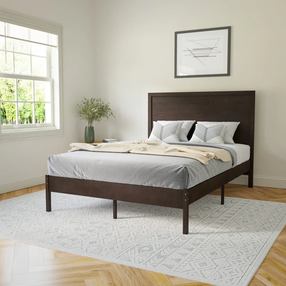 Solid Wood Platform Bed with Headboard and Wooden Slats