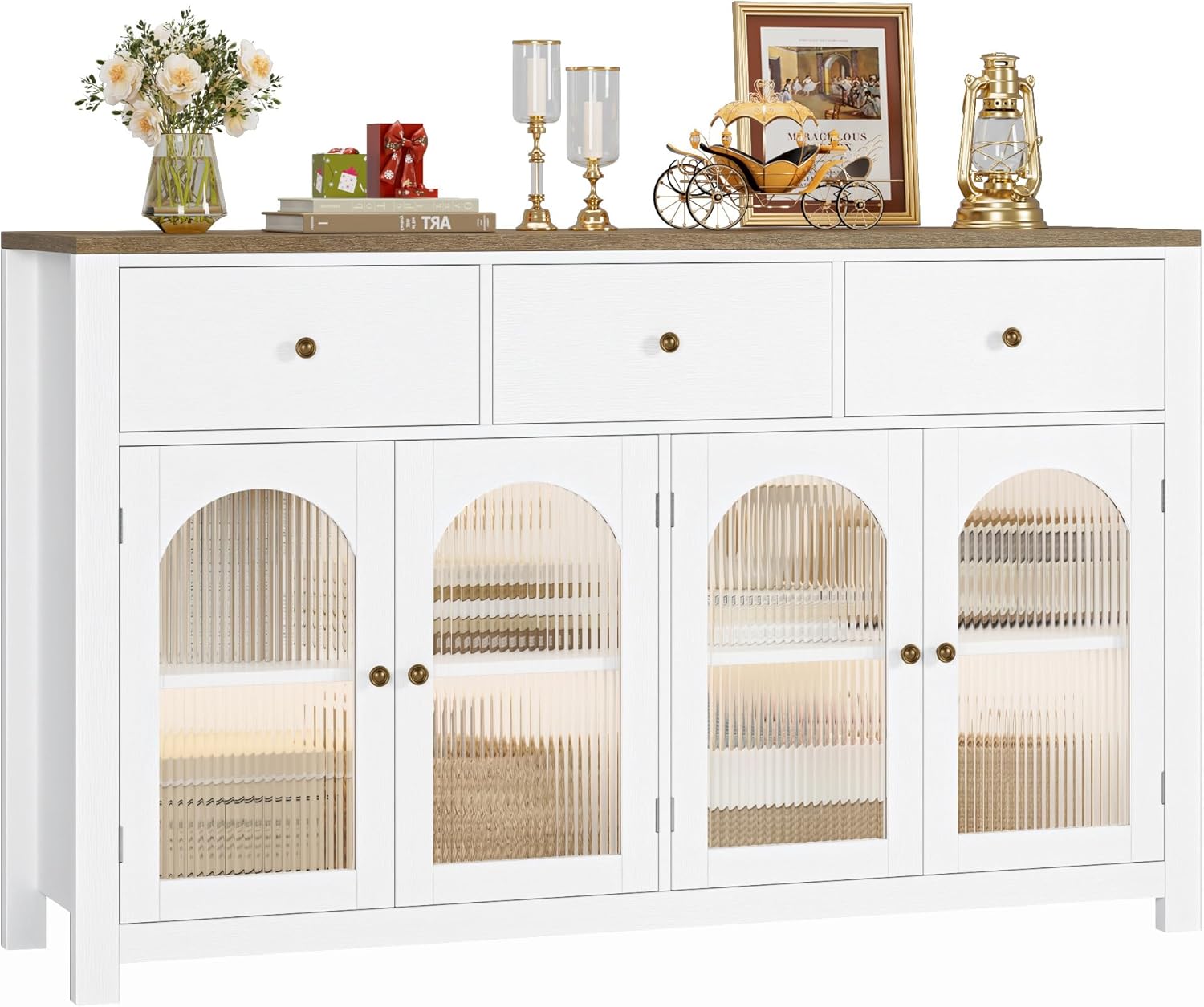 FINETONES Buffet Cabinet with Storage, 55.1 Large Sideboard Buffet Cabinet, Farmhouse Kitchen Cabinets with 3 Drawers and 4 Doors, Wood Coffee Bar for Kitchen Dining Room