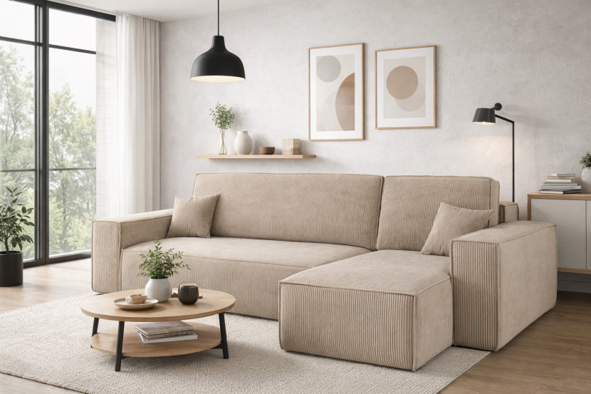 Sofa w kształcie L BEST narożnik, tkanina Poso, Ciemnobeżowy Prawostronny
