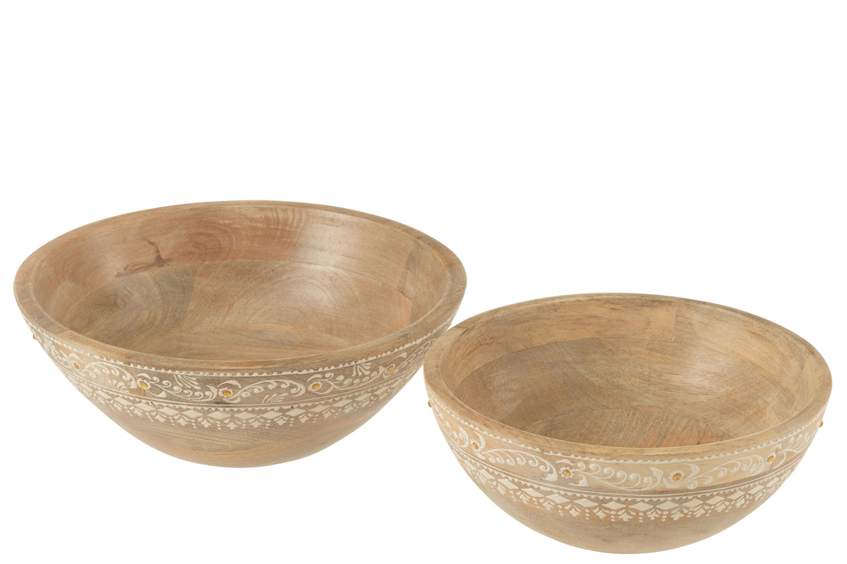J-Line kom Kralen - hout - naturel/wit - set van 2