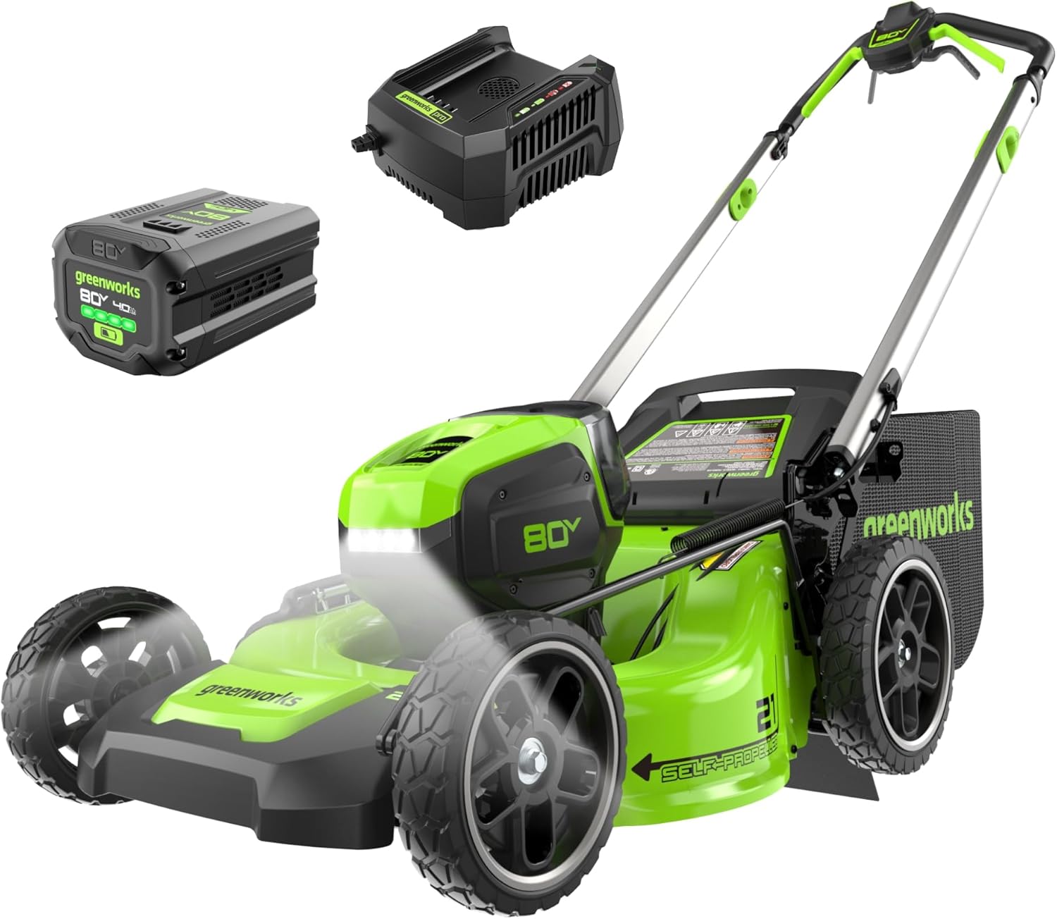 Greenworks 80V 21 Self-Propelled Cordless Lawn Mower – Brushless Motor  LED Lights  4.0Ah Battery & Rapid Charger (75+ Compatible Tools)
