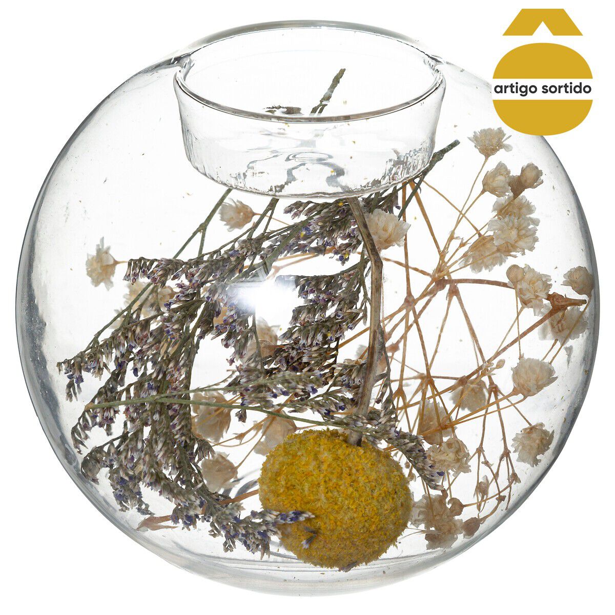 Castiçal em globo com flores secas