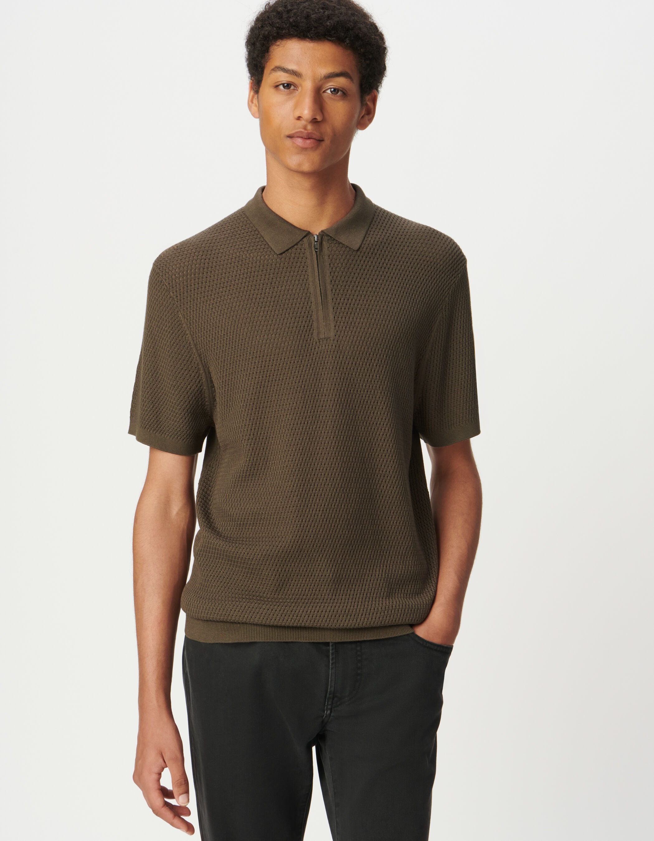 Polo manches courtes kaki tricot ajouré Homme
