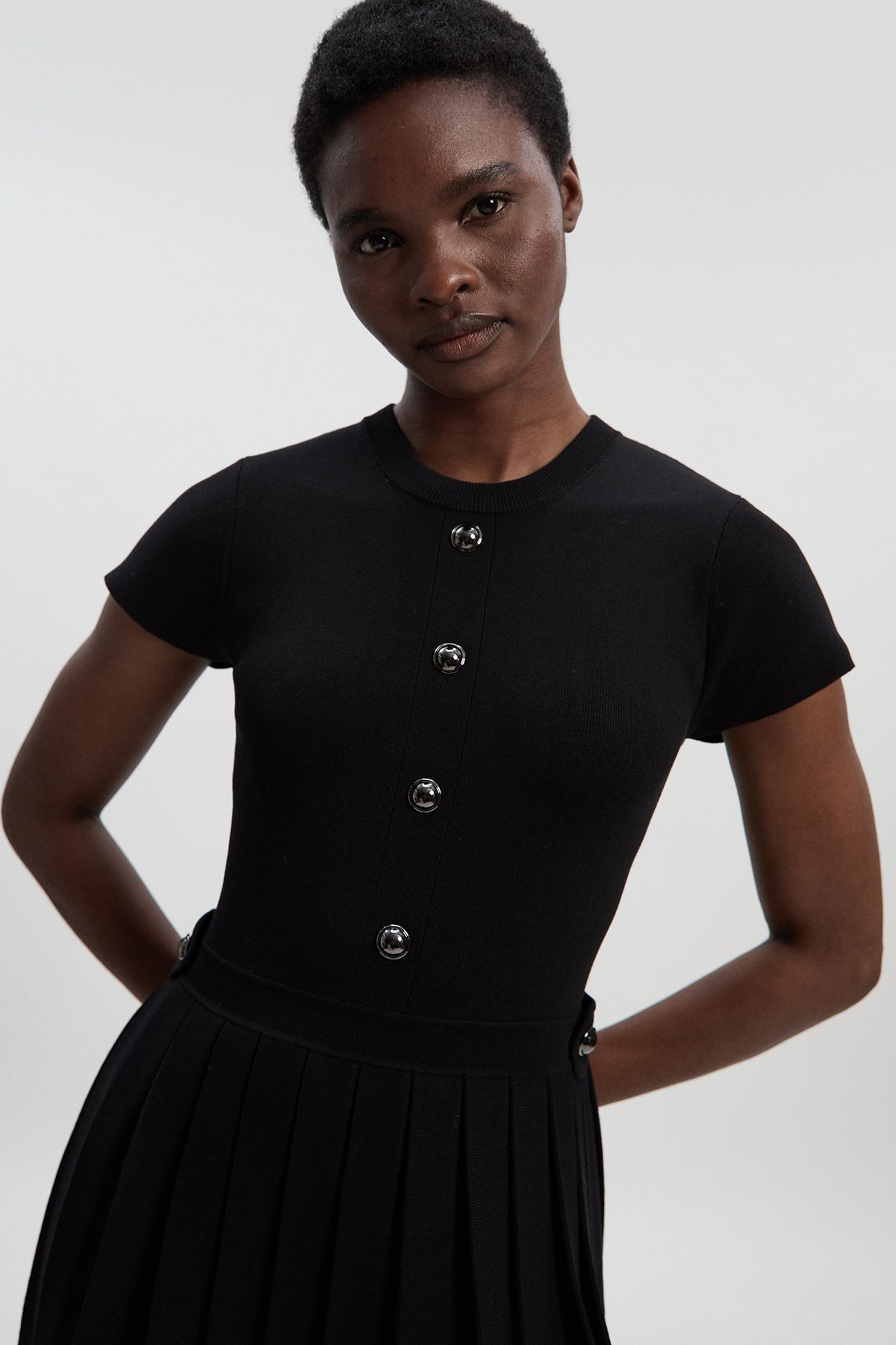 KarenMillen Viscose Blend Tab Detail Pleated Knit Mini Dress