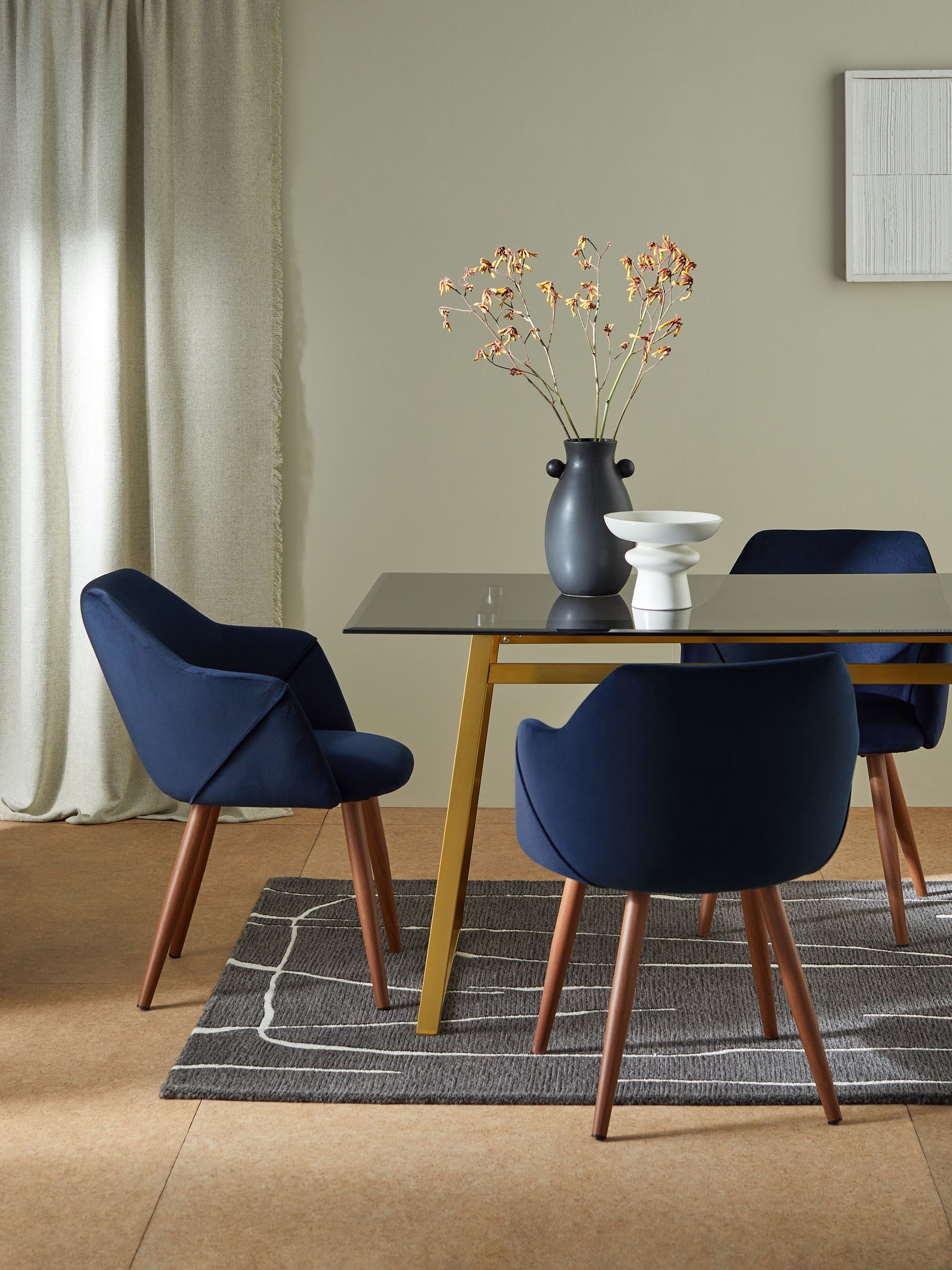 Set of 2 Lule Arm Dining Chairs in Dark Blue and Walnut Effect Legs
