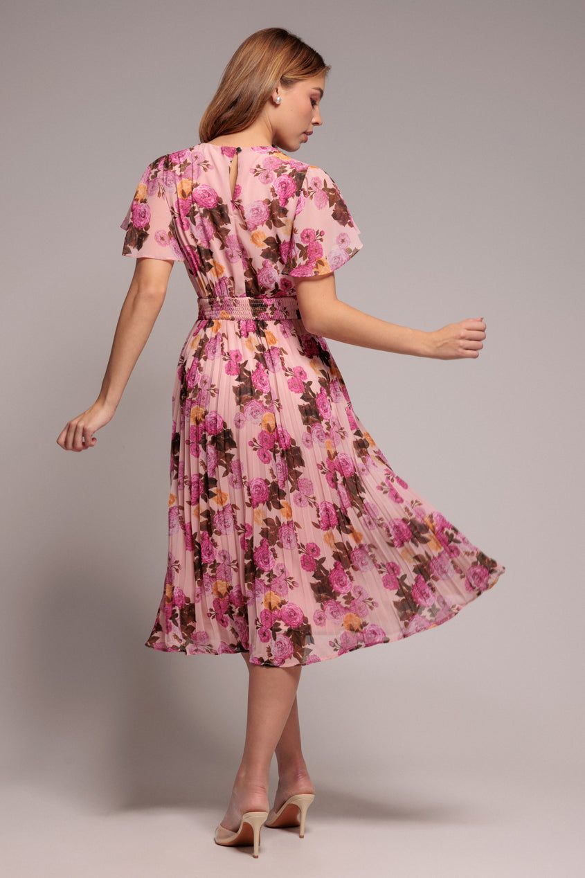 Goddiva Flutter Sleeve Pleated Skirt Floral Midi Dress