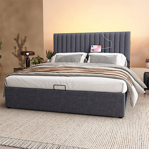 Lit rembourré 140x200cm lit de rangement avec fonction de recharge usb type c lit sommier à lattes en bois lit double lin gris