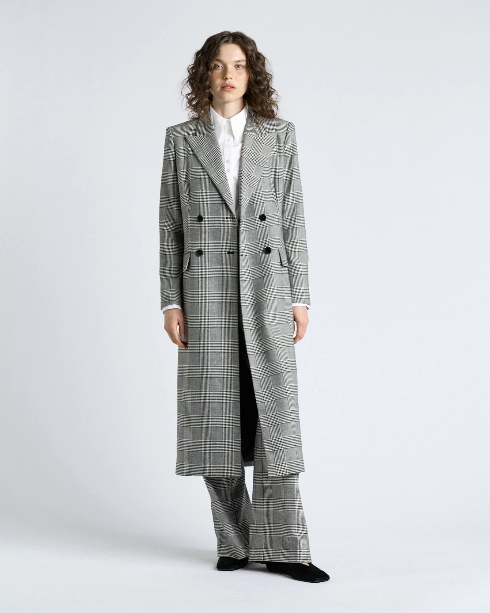 European Houndstooth Check Double Breasted Coat