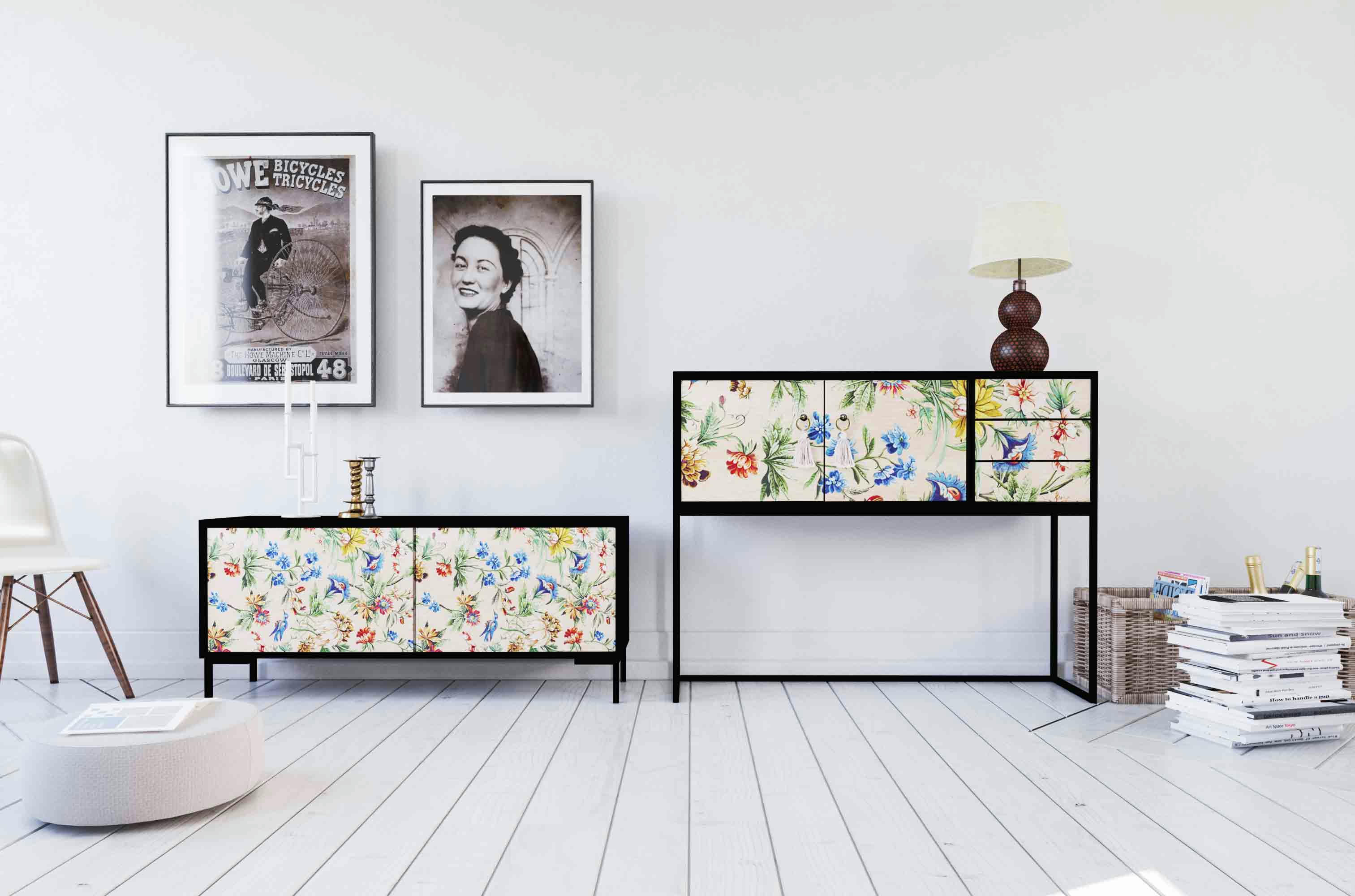 AMAZONIA - Console MDF laqué 2 portes 3 tiroirs imprimé floral