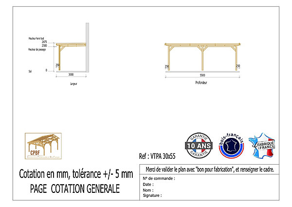 Carport adossé toit plat 300cmx550cm, bois DOUGLAS Français (Charpente en bois-auvent-abri voiture) 17 m². Garantie 10 ans