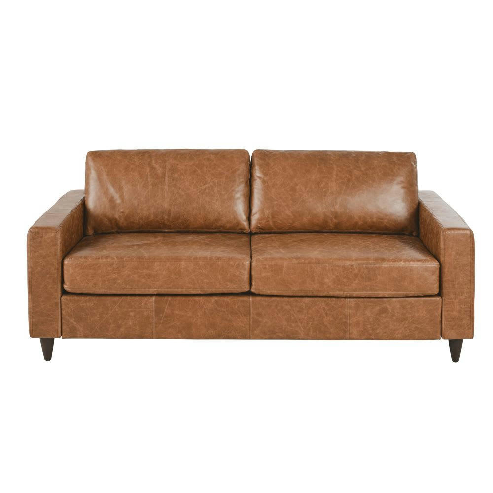 Henry - Canapé convertible 3/4 places en cuir camel, matelas 10 cm