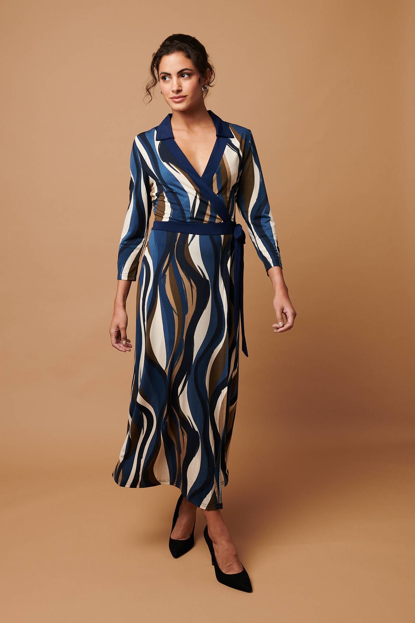 Izabel London Striped 3/4 Sleeve Midi Wrap Dress
