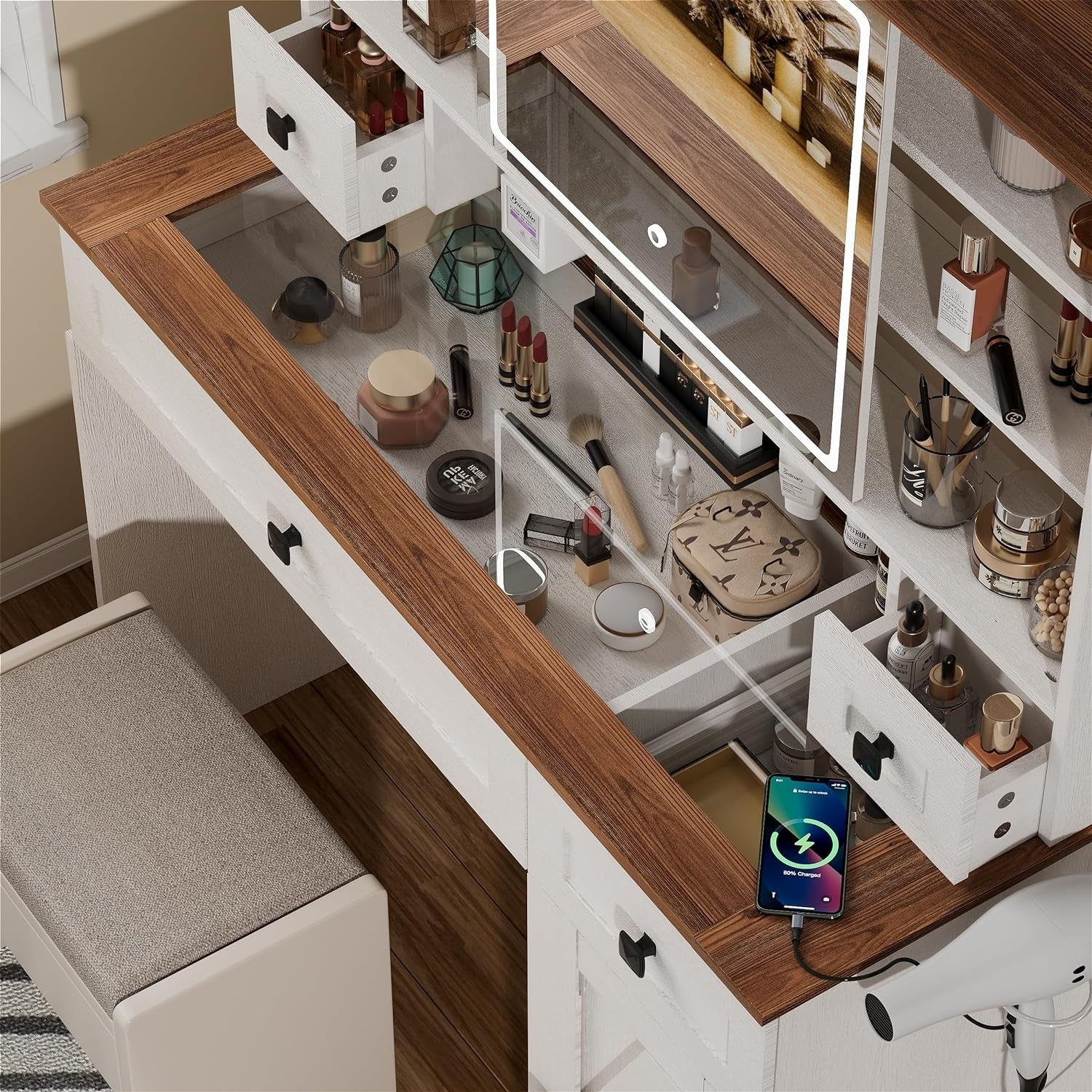 Makeup Vanity Desk with Sliding Mirror and Lights, Glass Tabletop White Vanity Table with Charging Station