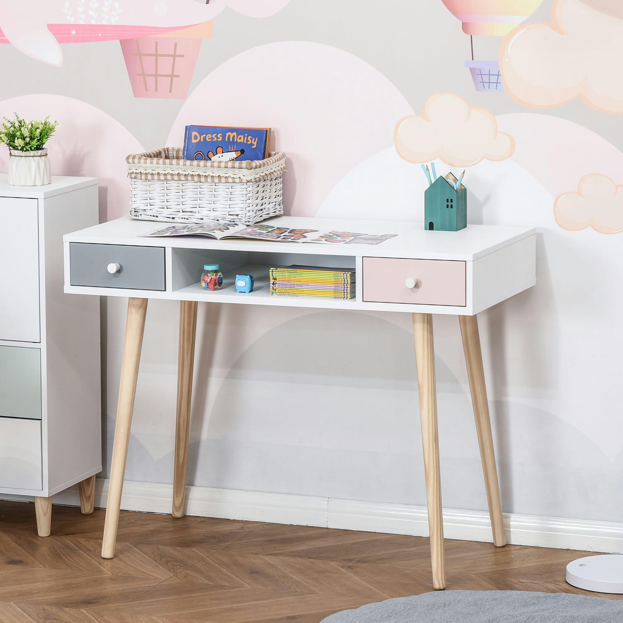 - Bureau enfant style scandinave 2 tiroirs et 1 niche blanc
