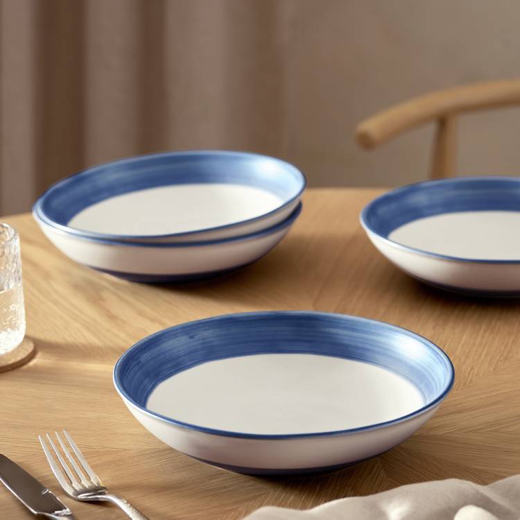 Habitat Artisan Stripe 4 Piece Stoneware Pasta Bowls - Blue