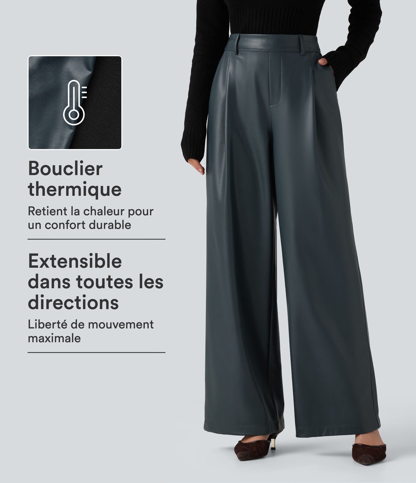 Pantalon en simili stretch doublé polaire taille haute coupe large avec poches