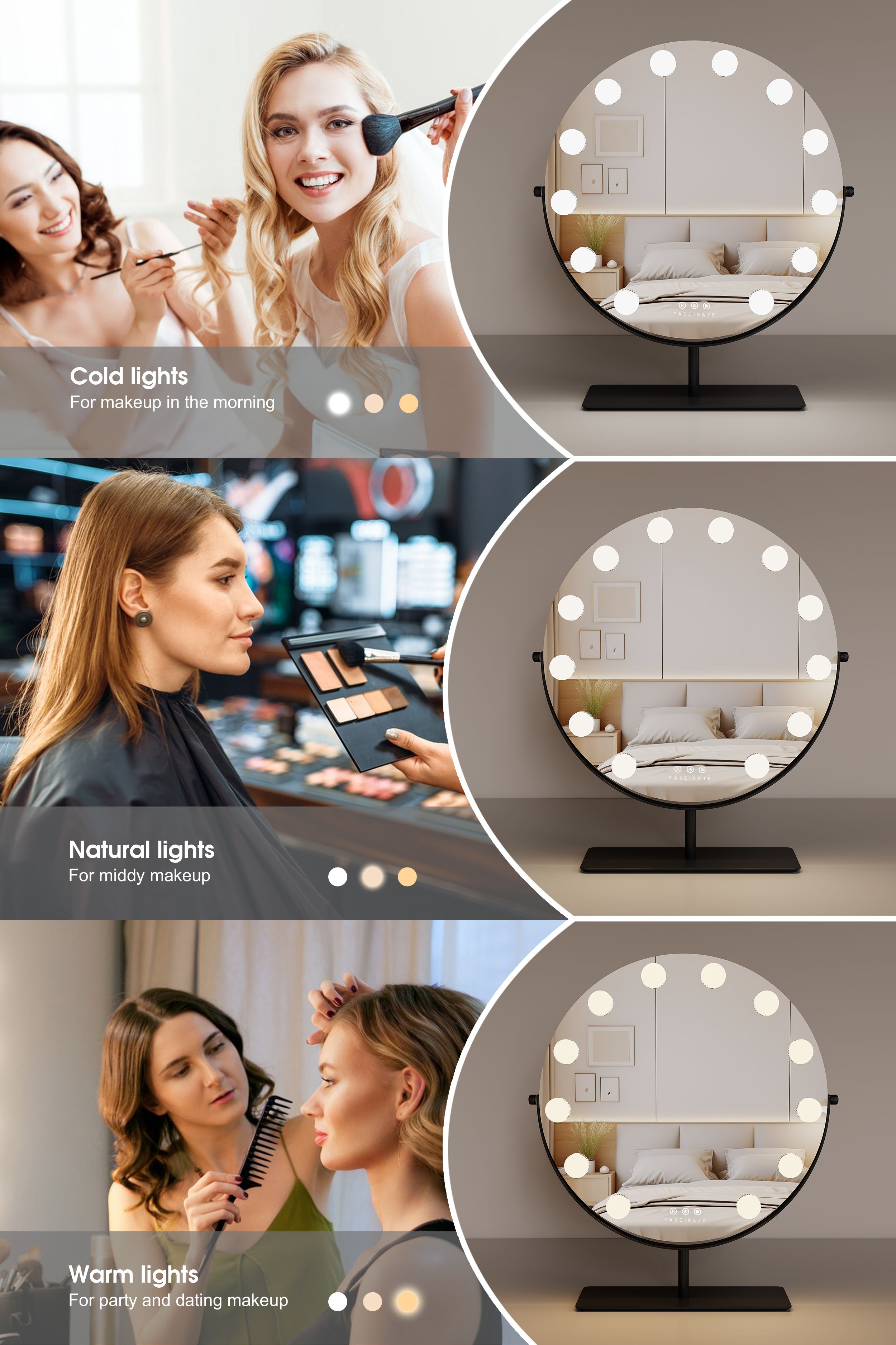 Fascinate Large Round Hollywood Mirror – 40cm Matte Black Vanity Design, 12 Dimmable LED Bulbs & 10X Magnifier - Best Gift for Girlfriend