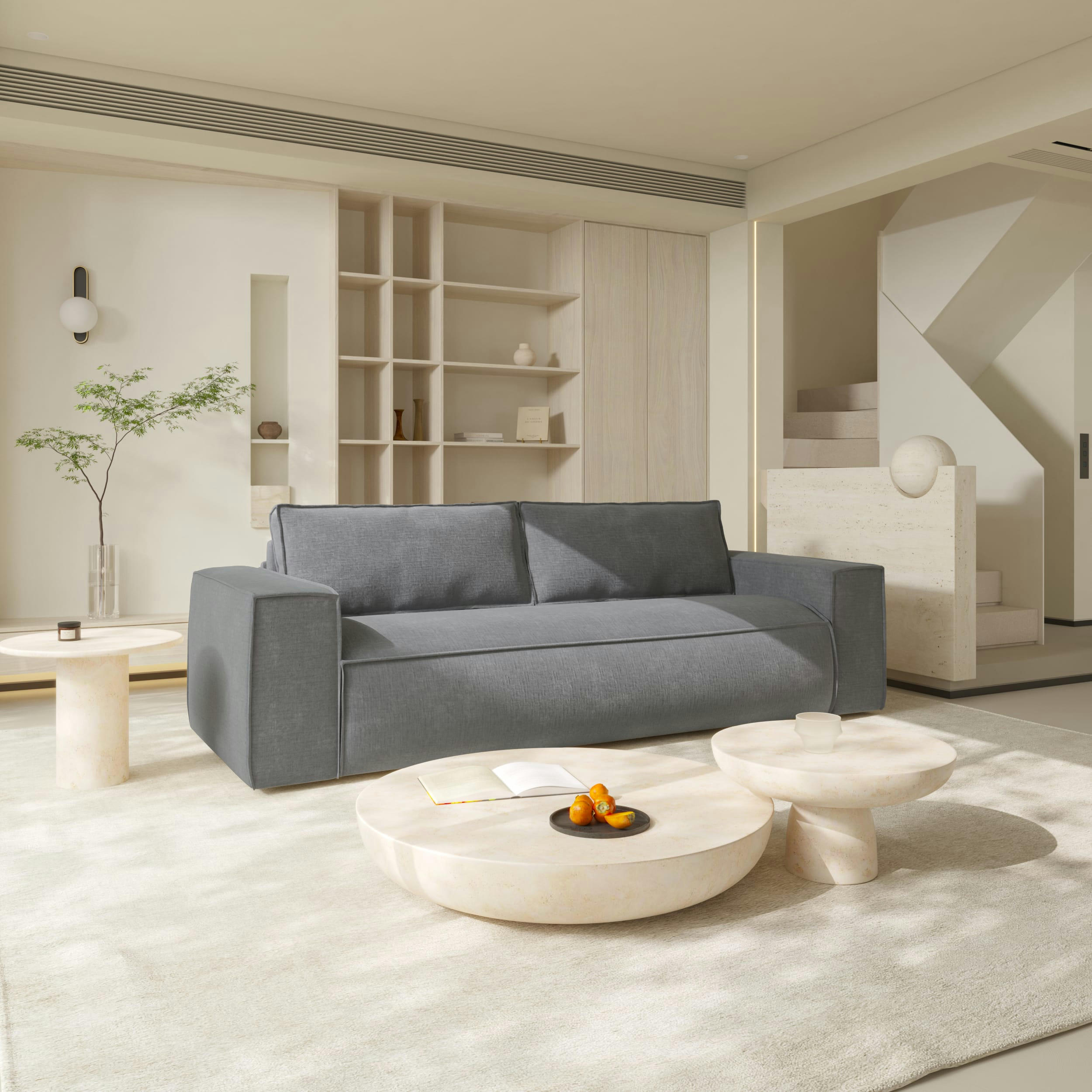 JOAN - Canapé convertible express dunlopillo velours texturé gris 160cm