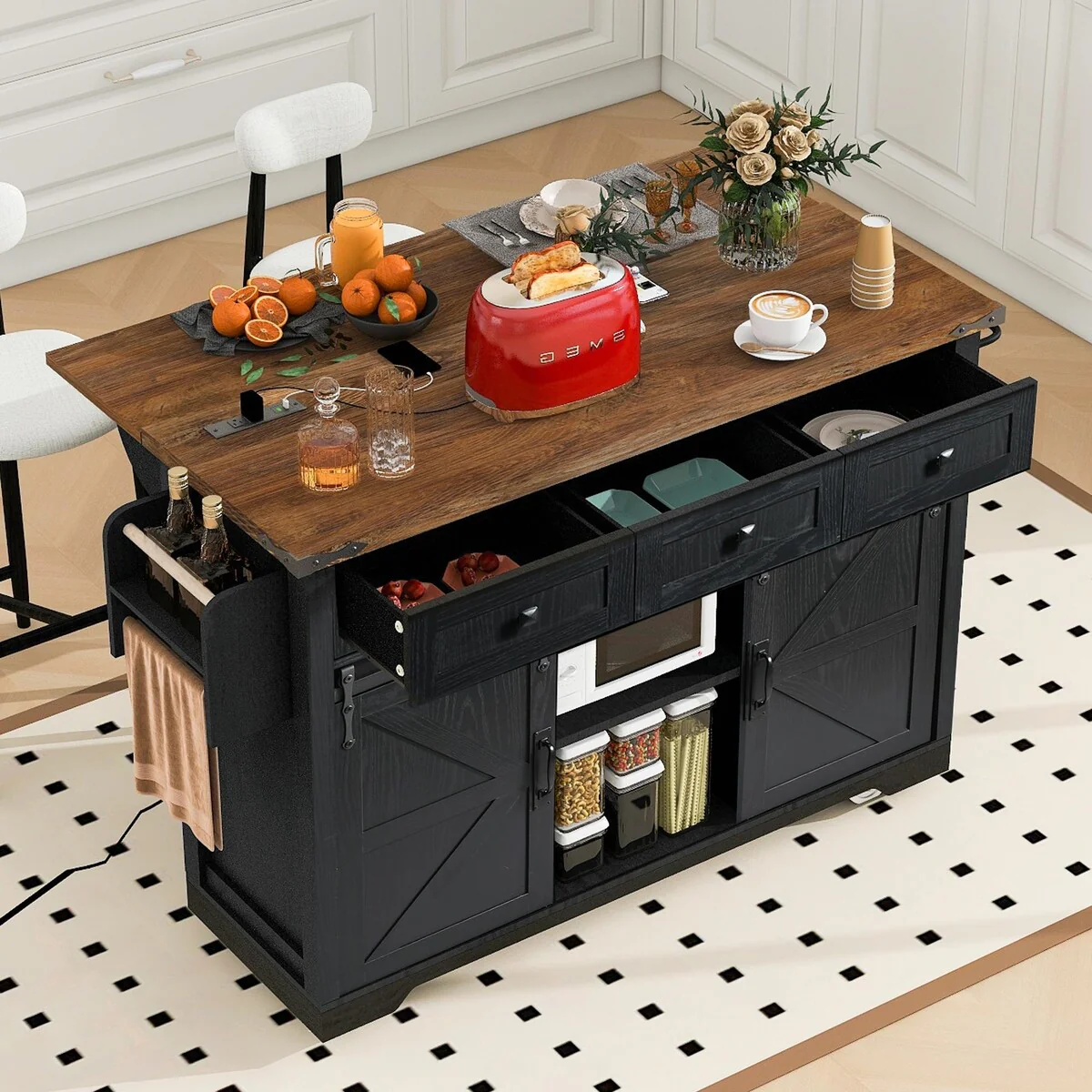 53.5'' Farmhouse Kitchen Island with Power Outlet, Drop Leaf, Spice Rack, Drawer, and Wheels
