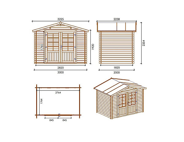 Abri de jardin en bois - 3x2 m   terrasse avec balustrade et avant-toit en bois - 15 m2 - DOM420 DOM394 DOM395 POD04