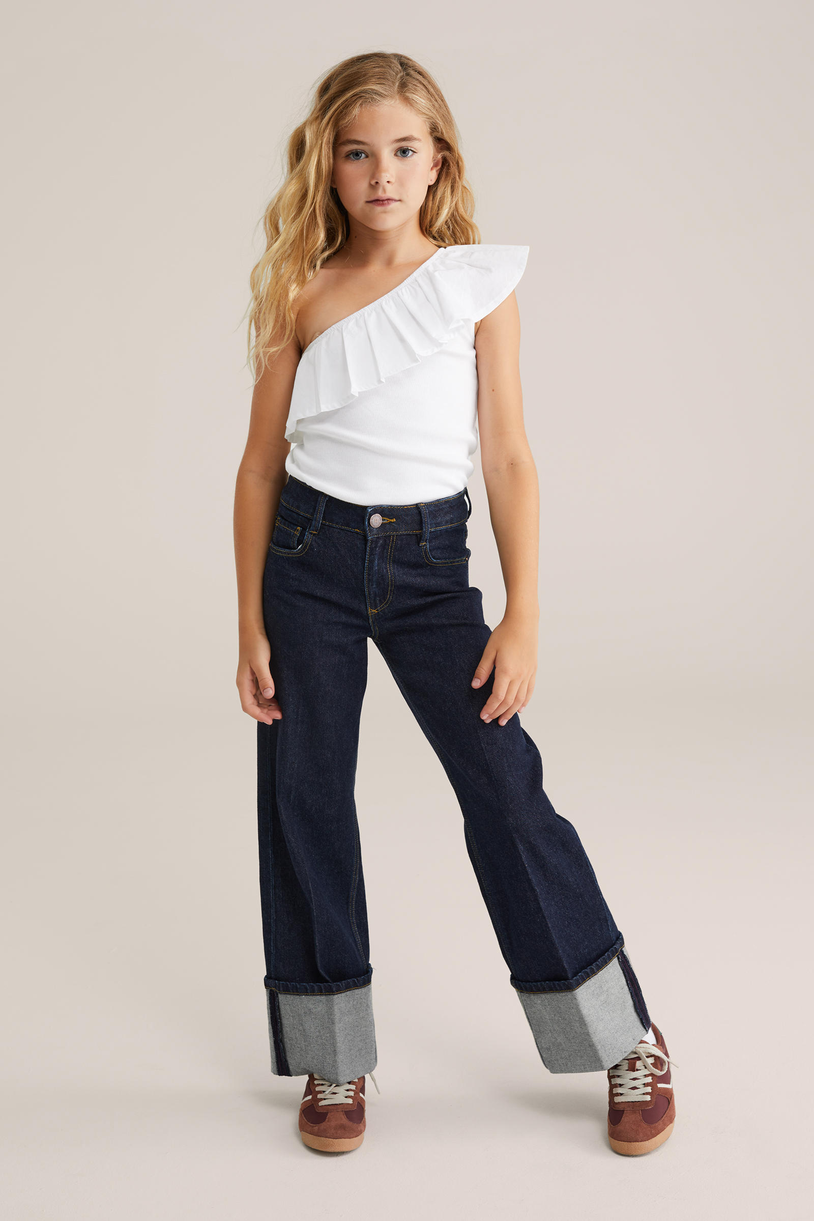 Meisjes one-shoulder top met ribstructuur