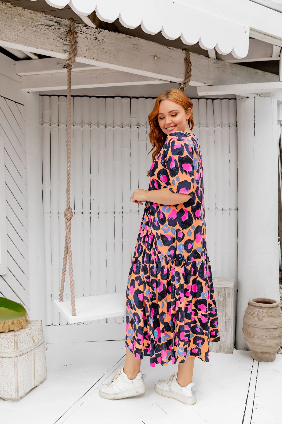 Peak Midi Dress in Sherbie - Peach Leopard by Kasey Rainbow