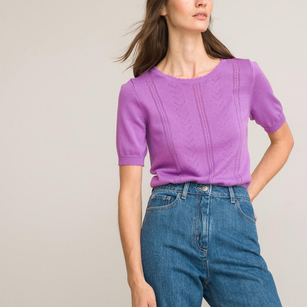 Pull manches courtes fine maille pointelle