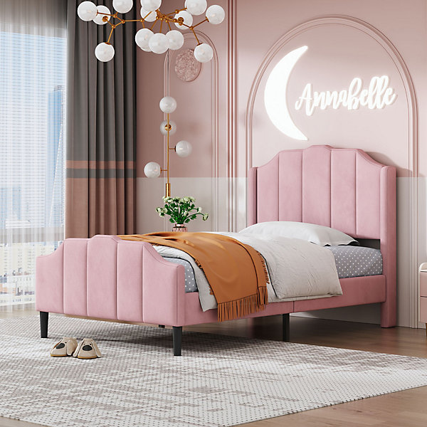 Lit 90x200 cm avec tête et pied rembourrés en velours rose, cadre MDF solide et 12 lattes renforcées