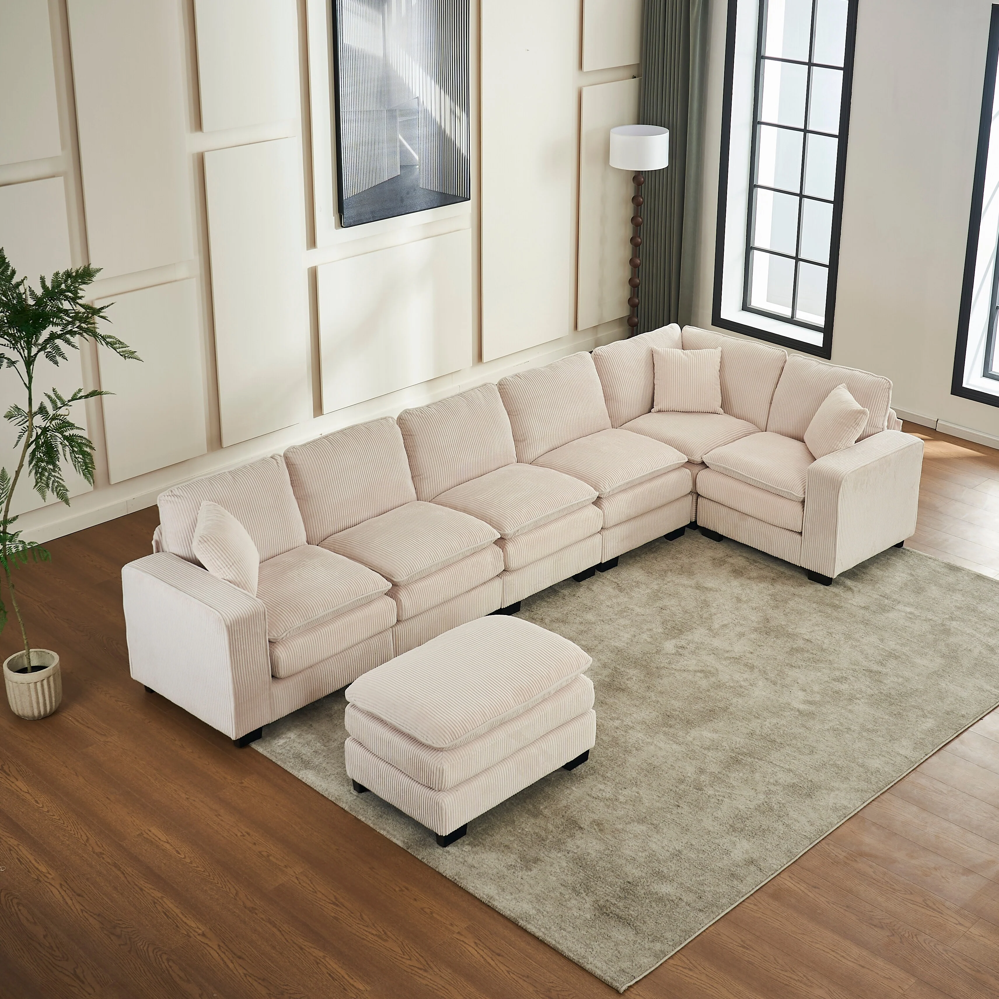 White 118.1'' Luxurious U-Shaped 6-Seater Sectional Sofa with Ottoman and 3 Plush Throw Pillows in Durable Corduroy Upholstery