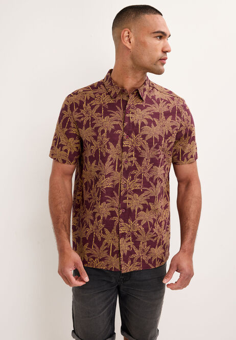 Mens Plum Palm Tree Short Sleeve Shirt