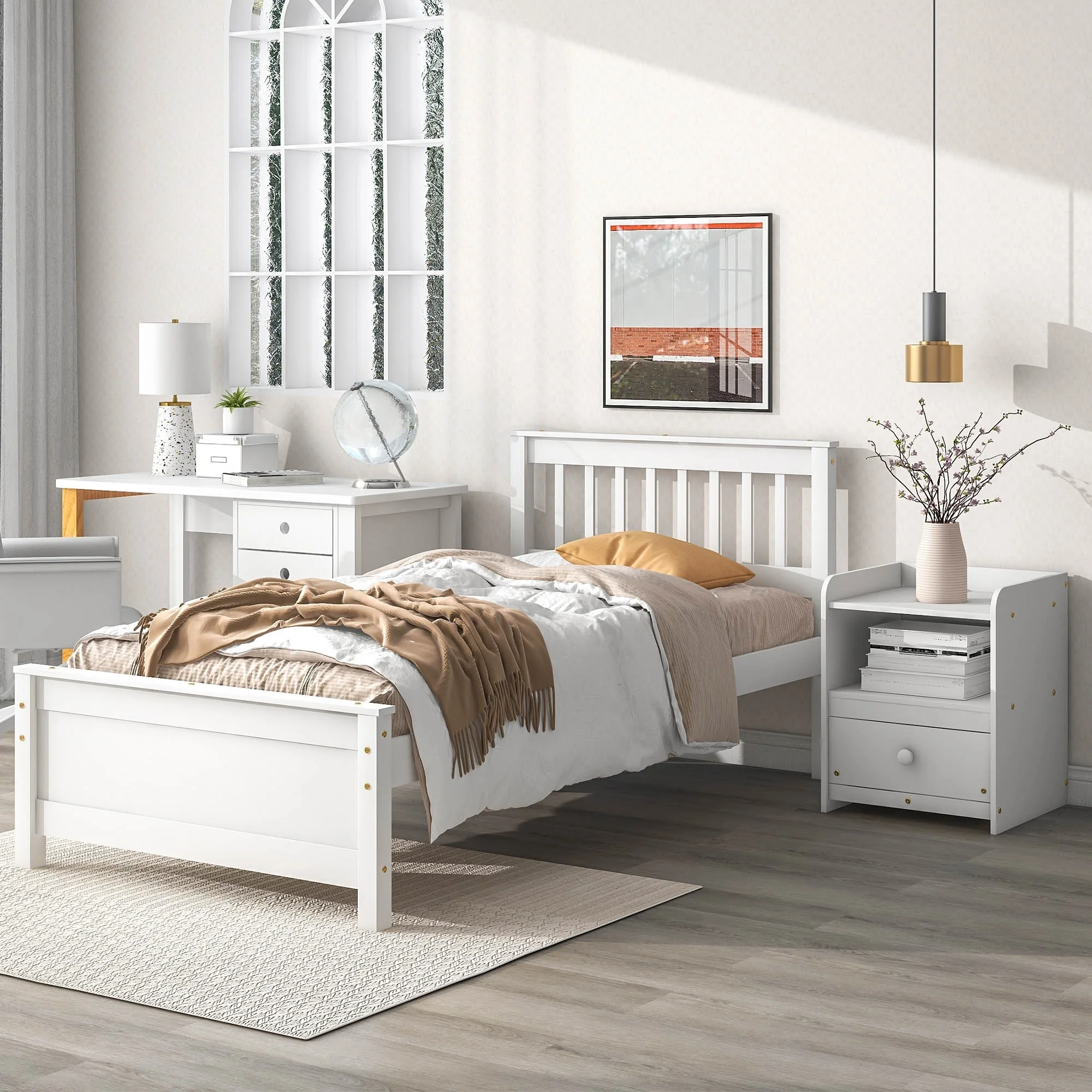 Twin Bed with Headboard and Footboard for Kids, Teens, Adults,with a Nightstand