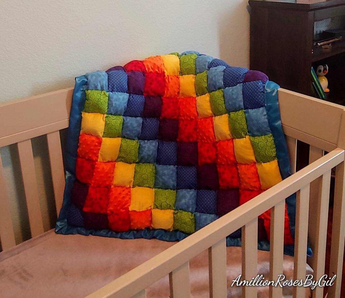 Rainbow puff quilt, rainbow baby, baby shower gift, rainbow baby gift, baby quilt, shower gift, homemade baby quilt, custom baby quilt