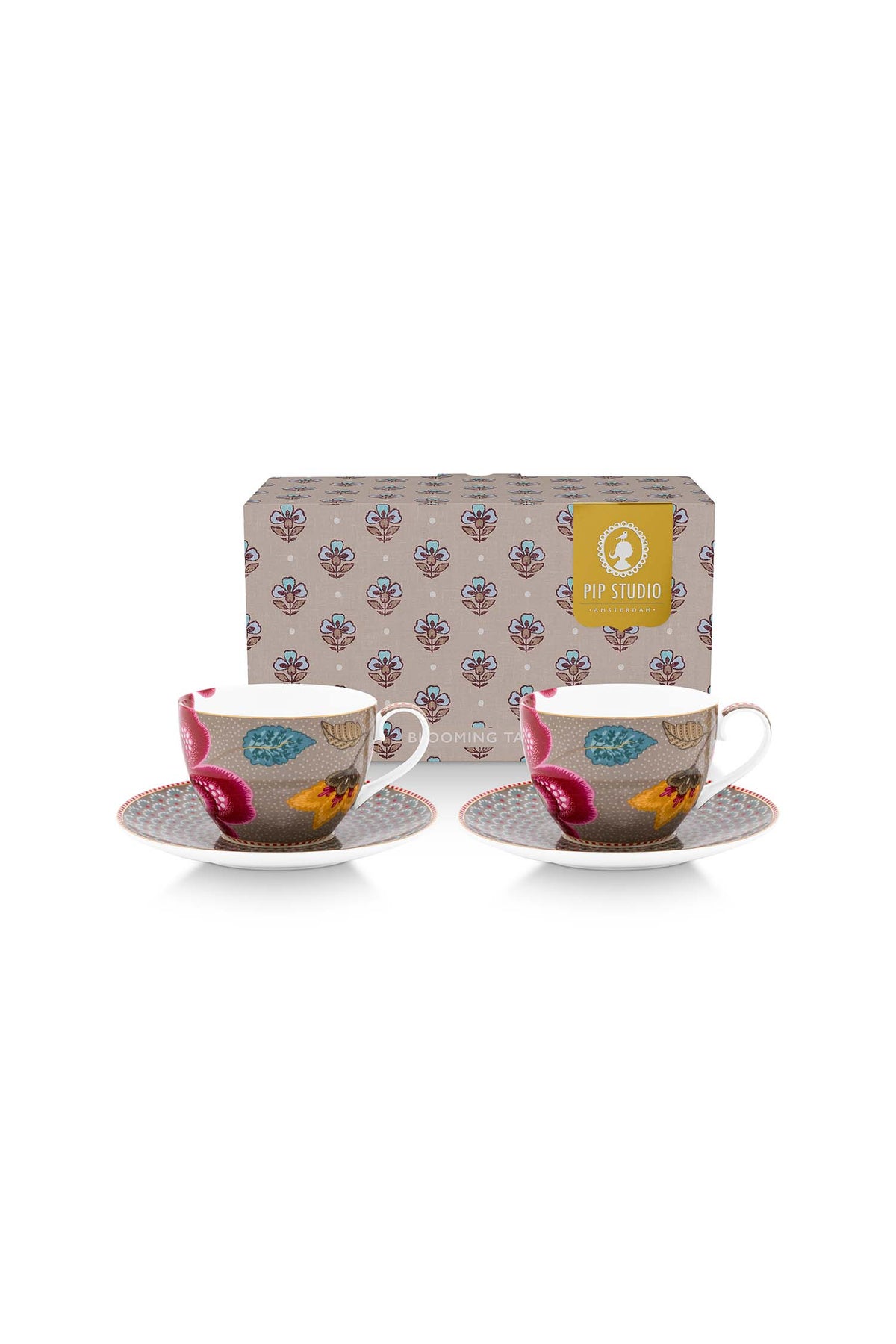 Pip Studio Kop en Schotel - Blooming Tales - Khaki - 300ml - Set van 2