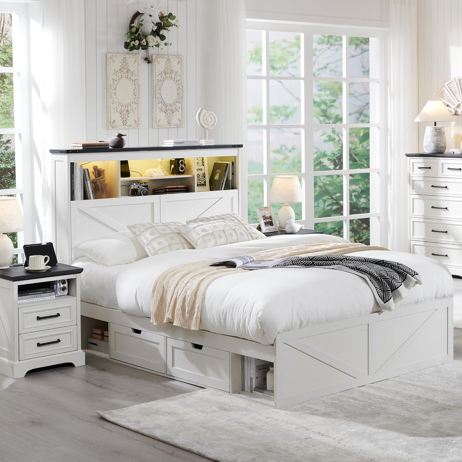 ACCOHOHO Farmhouse Full Size Bed Frame with 52 Tall Storage Headboard and LED Light, Wood Platform Bed with 4 Drawers, Charging Station, Solid Wood Slats Support, No Box Spring Needed, Antique White