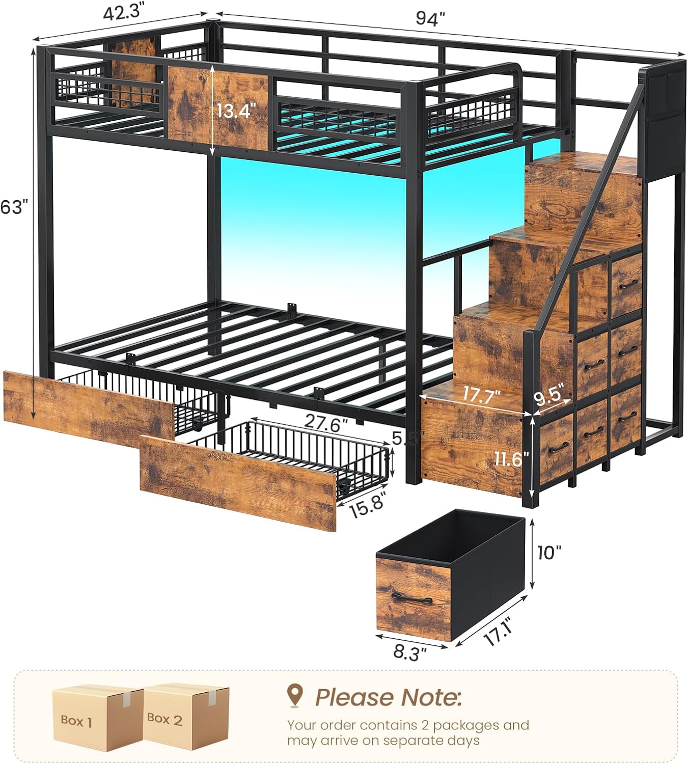 BTHFST Bunk Bed Twin Over Twin with Stairs, LED Lights Twin Bunk Bed with 2 Storage Drawers & 6 Fabric Drawers, Metal Twin Loft Beds with Guardrail & Stairs, Space Saving, Sturdy Frame