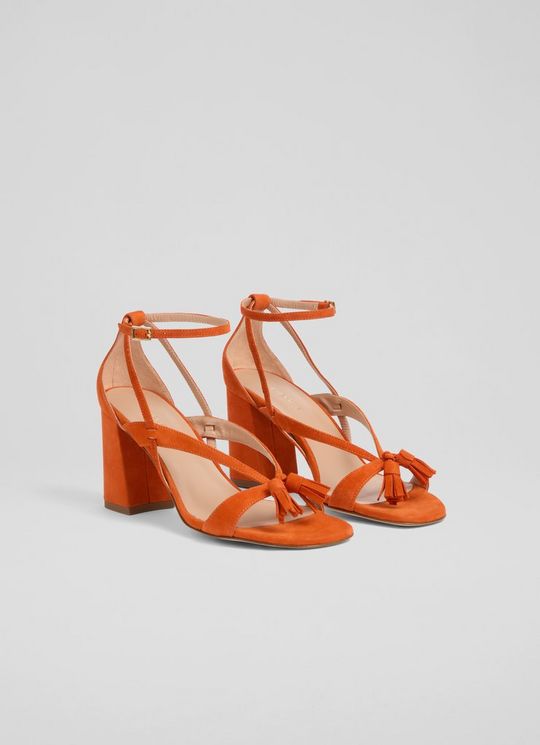 Jeanie Orange Suede Tassel Block Heel Sandals