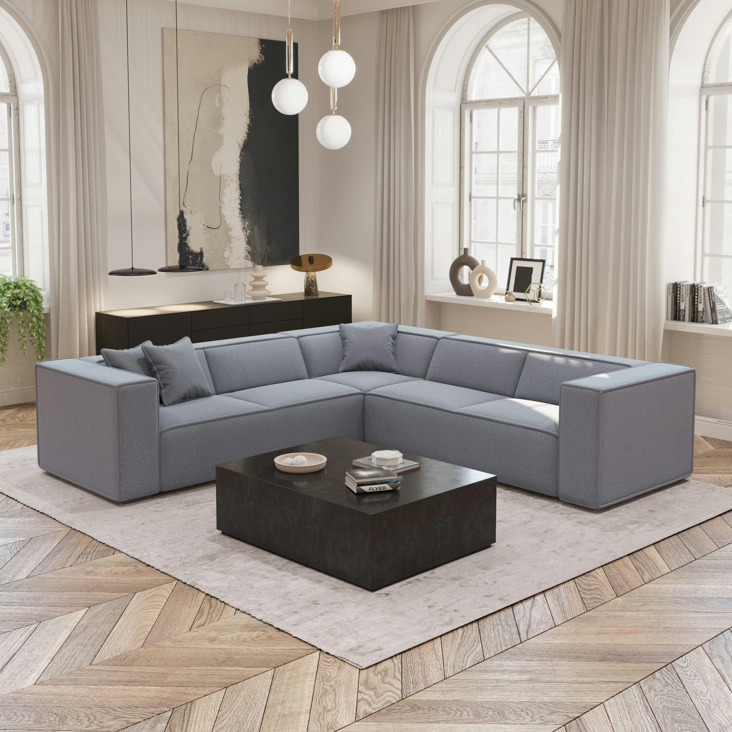 KAYA - Canapé grand angle tissu tramé gris clair