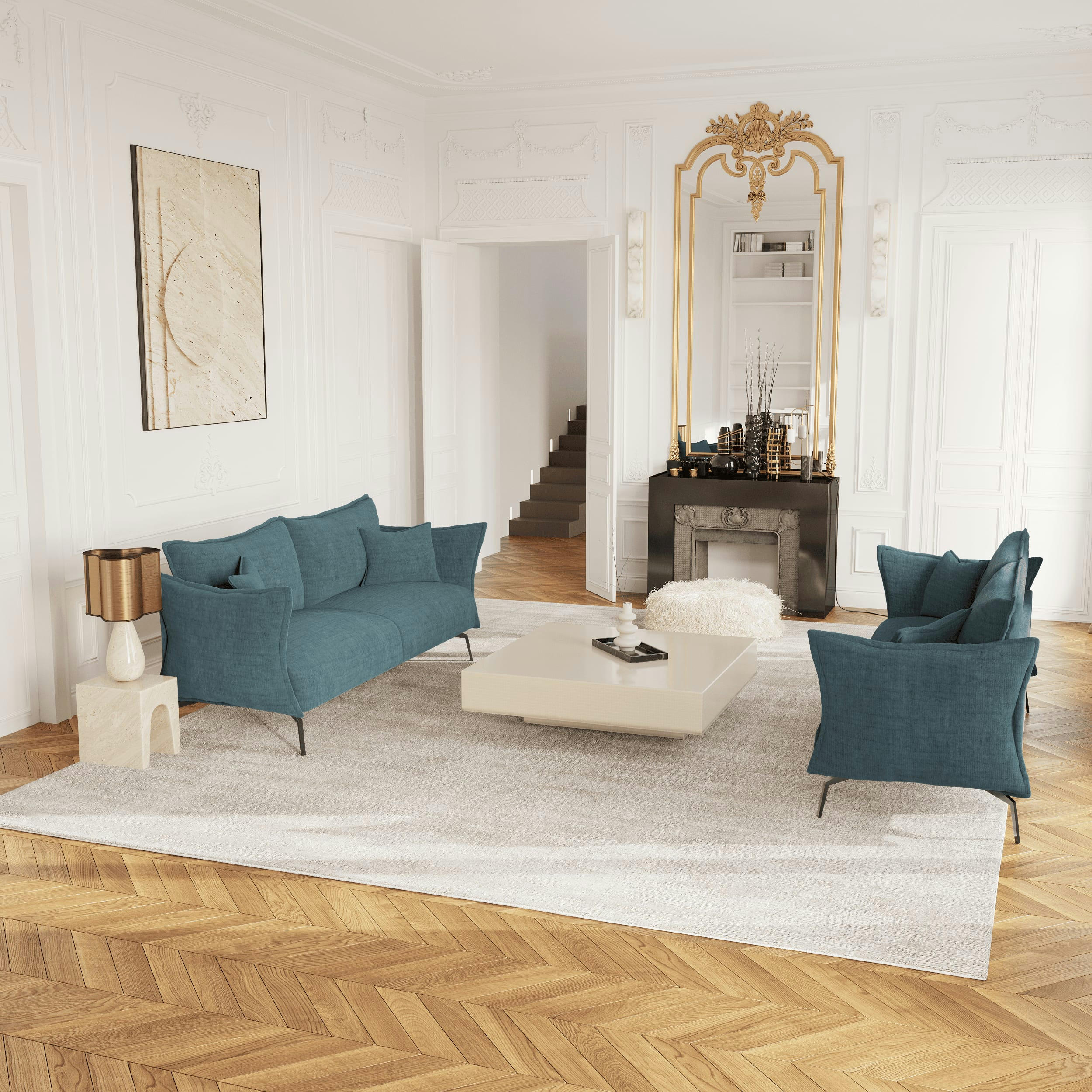 LENNY - Canapé 3 places velours texturé bleu océan