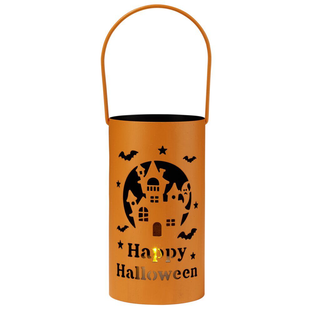 Lanterne LED Halloween métal orange Ø8xH15cm (2 modèles)