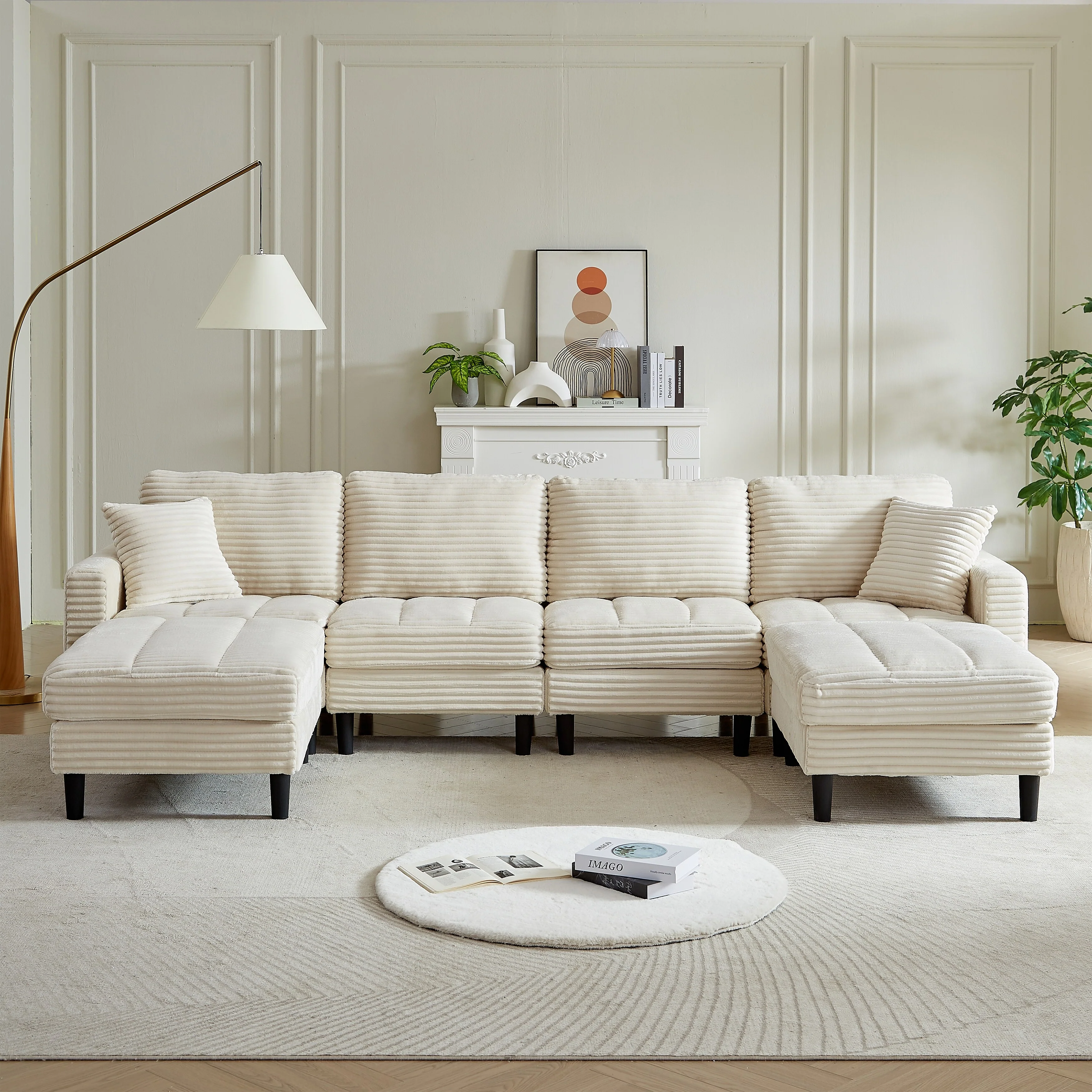 Contemporary U Shaped Sectional Sofa with Corduroy Upholstery and Movable Ottoman for Living Room or Guest Room