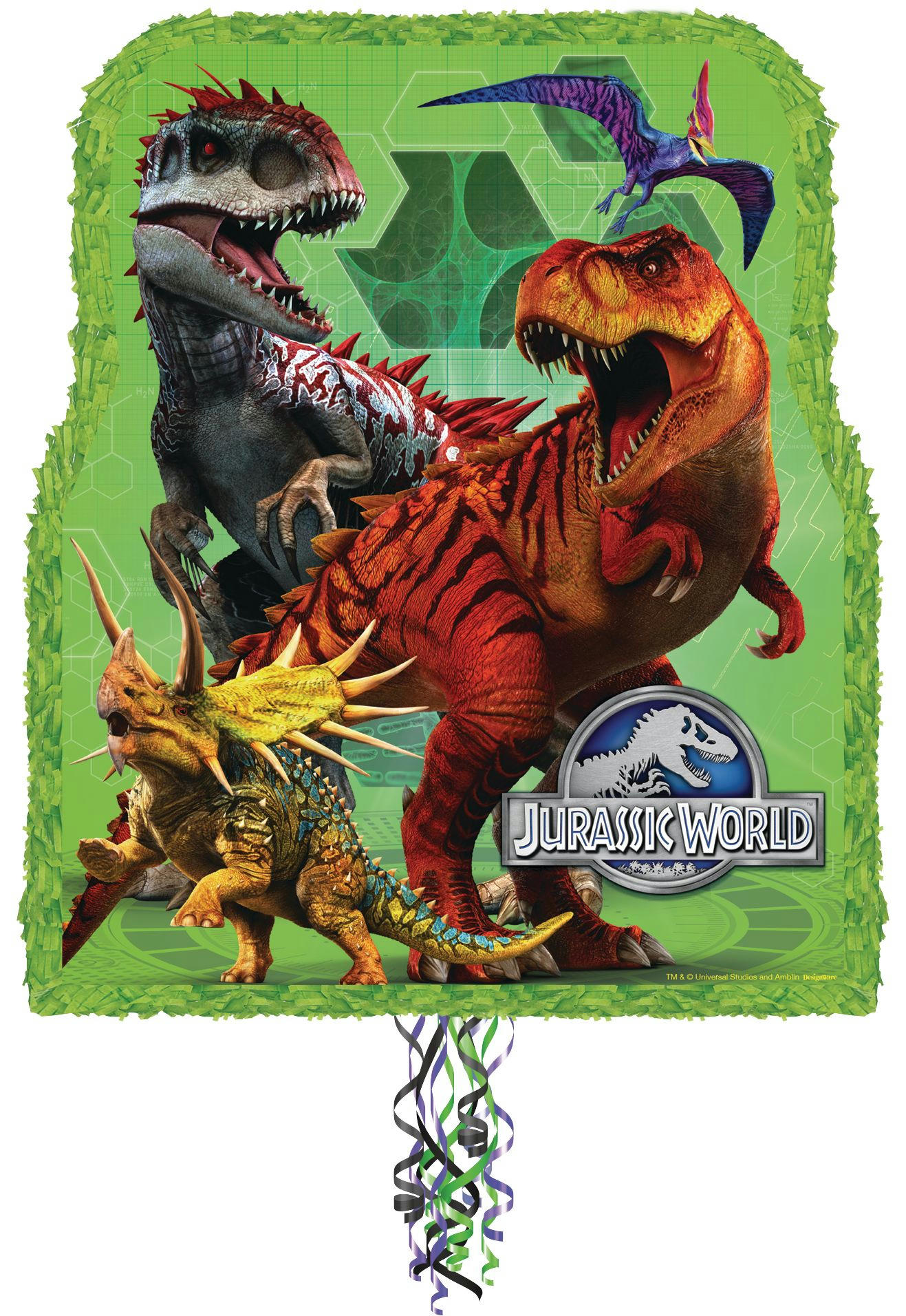Jurassic World Dinosaur Pinata Hanging Pull String Decoration, Green, 22-in, Holds 2lb of Pinata Filler, for Birthday Parties