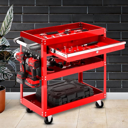 SOGA 3-Tier Red Tool Storage Cart with Drawer & Hooks