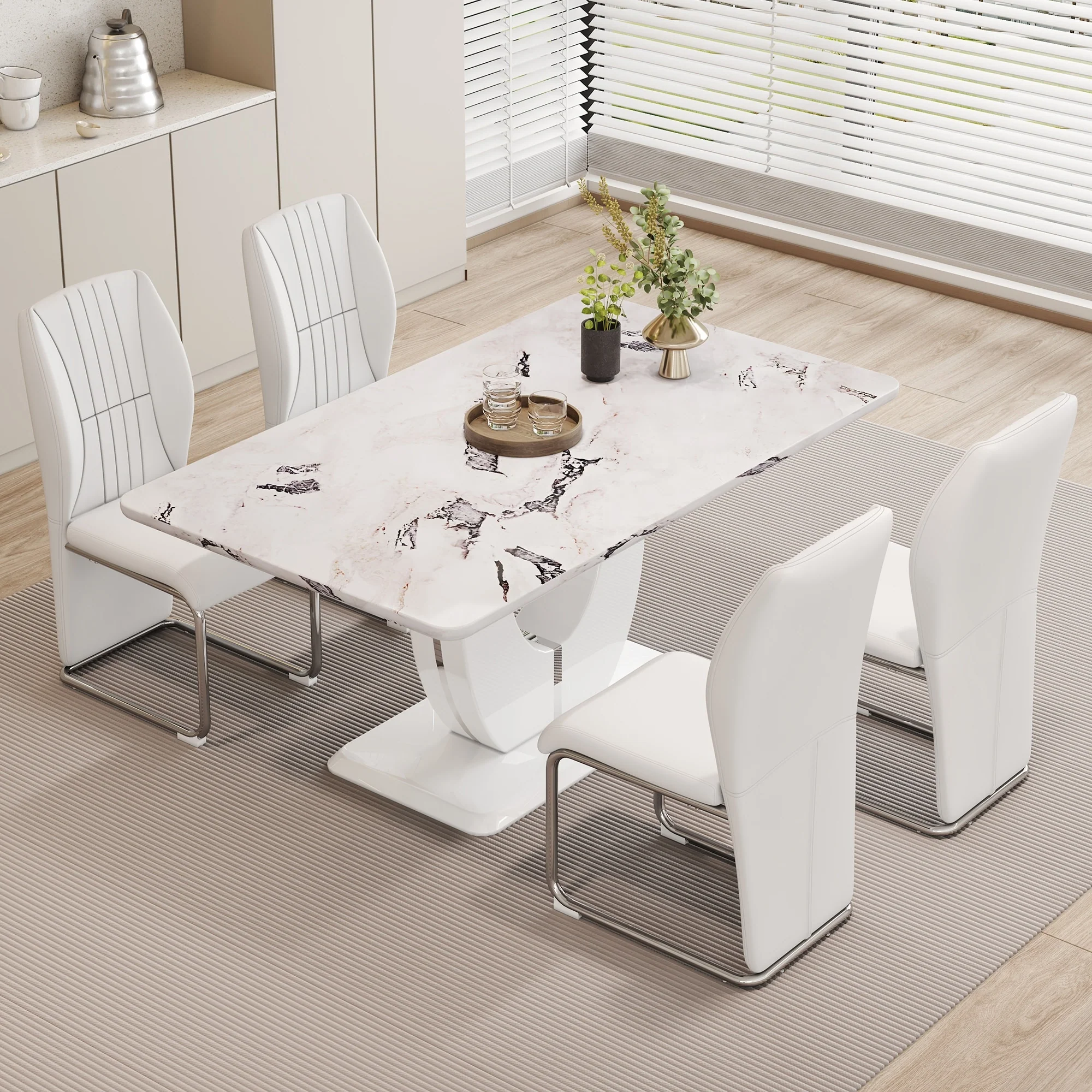 Modern Style 5-Piece Dining Set with Rectangular Table and 4 PU High Back Upholstered Dining Chairs