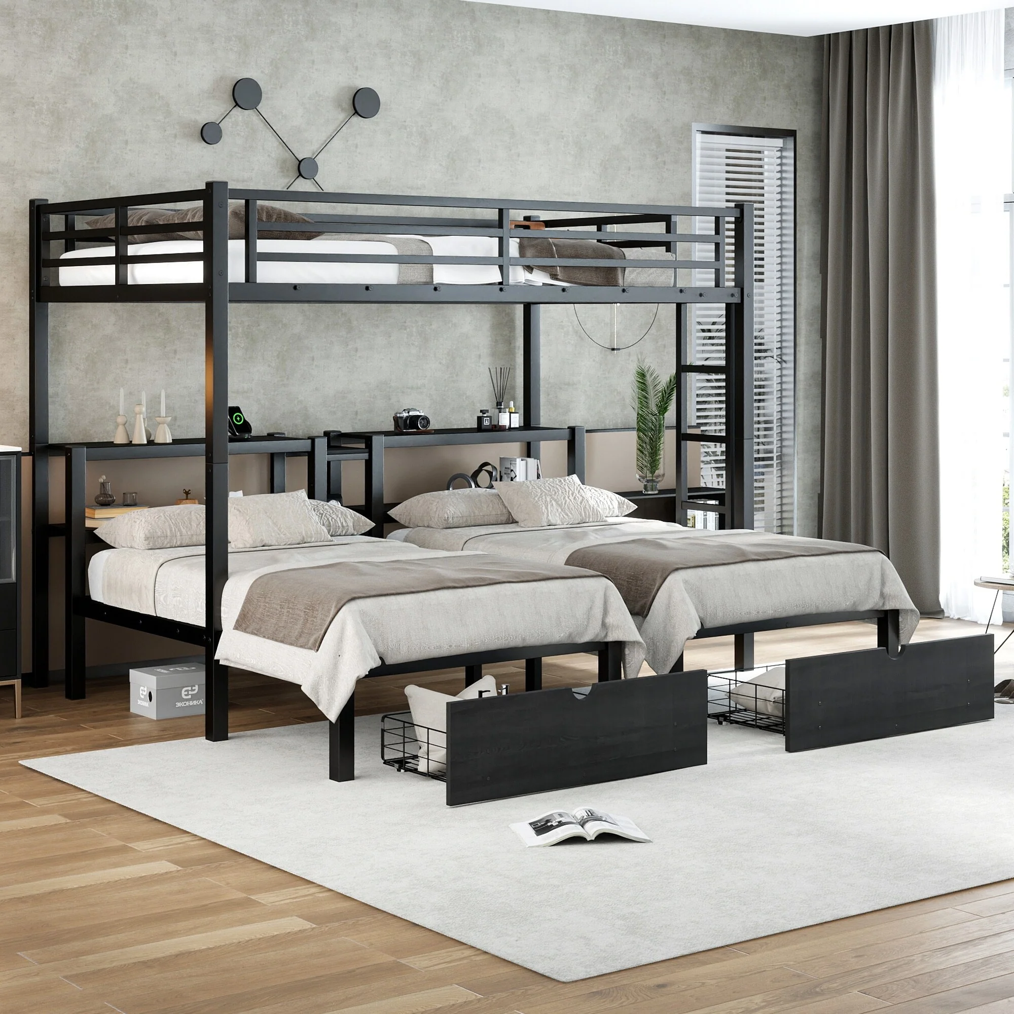 Full XL Over Twin & Twin Triple Bunk Bed with Drawers, Multi-functional Metal Frame Bed, Bed Head with Shelving & USB