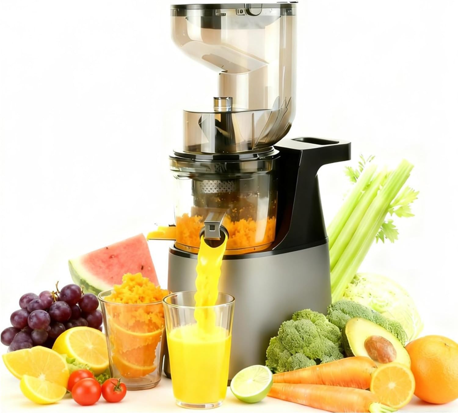Cold Press Juicer,6.3 Wide Feed Chute Juice Extractor Machine,300W All-Copper Motor Slow Masticating juicer for Whole Vegetables & Fruits,Self Feeding for Juice Extractor Machine, High Juice Yield
